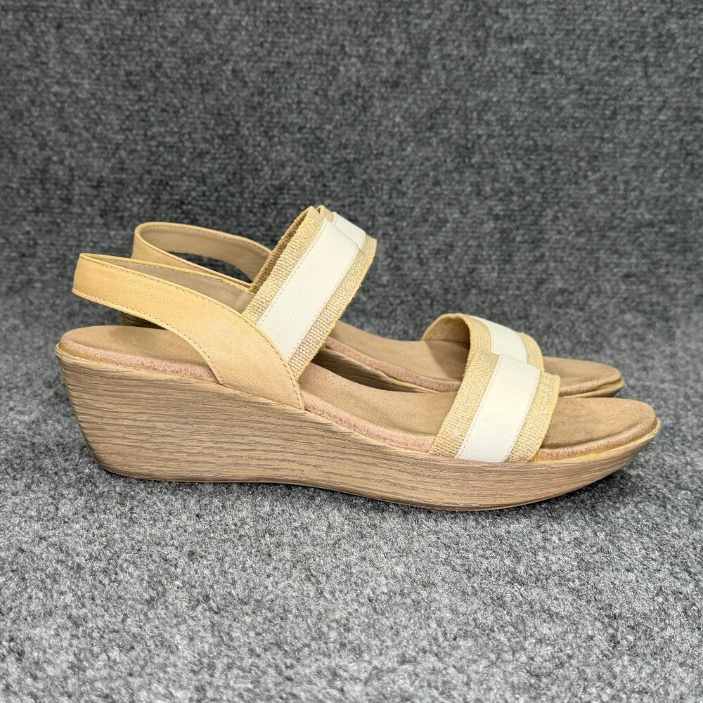 Munro Wedge Sandals Women's Size 11 White Tan Canvas Leather Open Toe‎ Platform